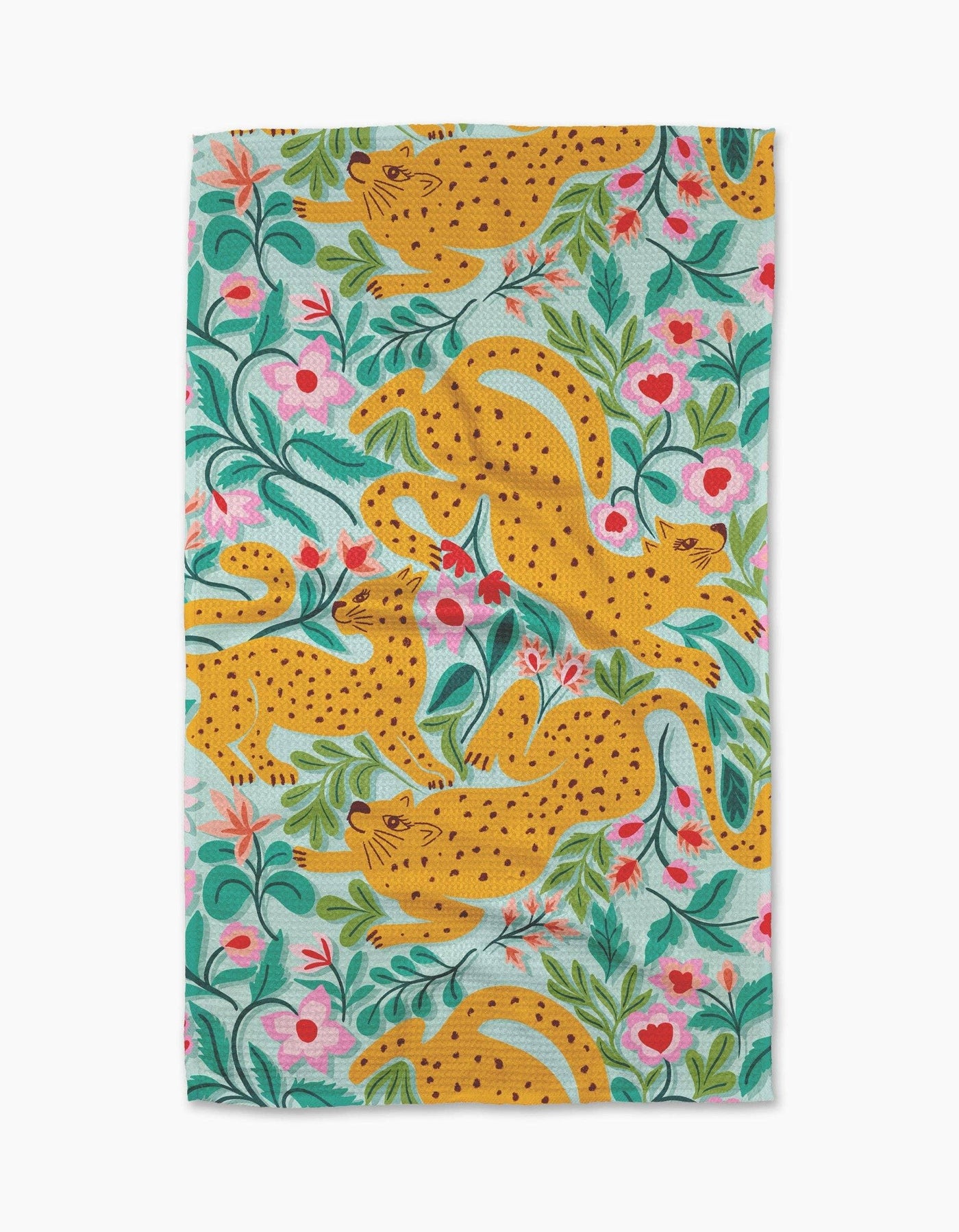 Tea towel with yellow cheetahs and pink flowers on a blue background