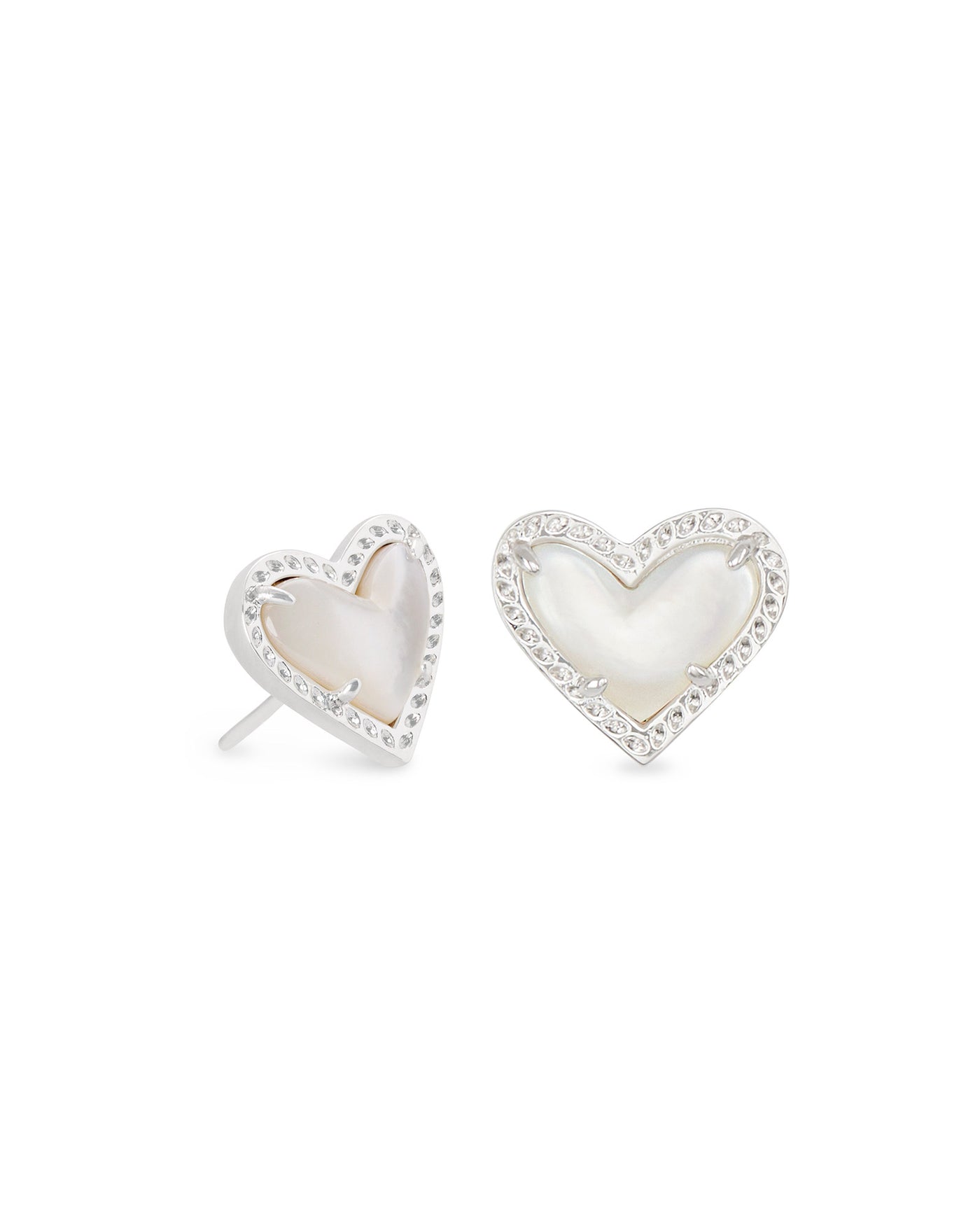 Ari Heart Stud Earrings Silver Mother of Pearl on white background, front view.