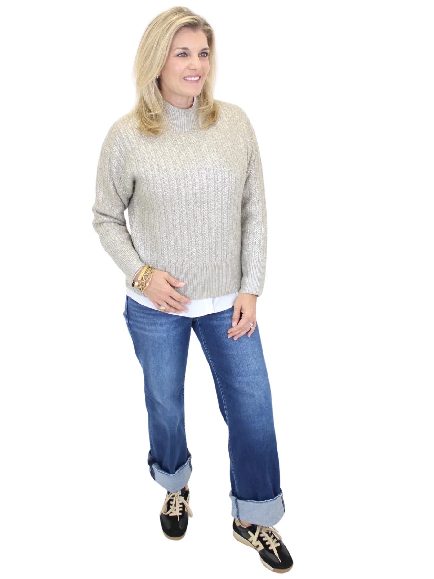 Lili Sidonio Platinum Mock Neck Sweater - Beige front view with Risen jeans.