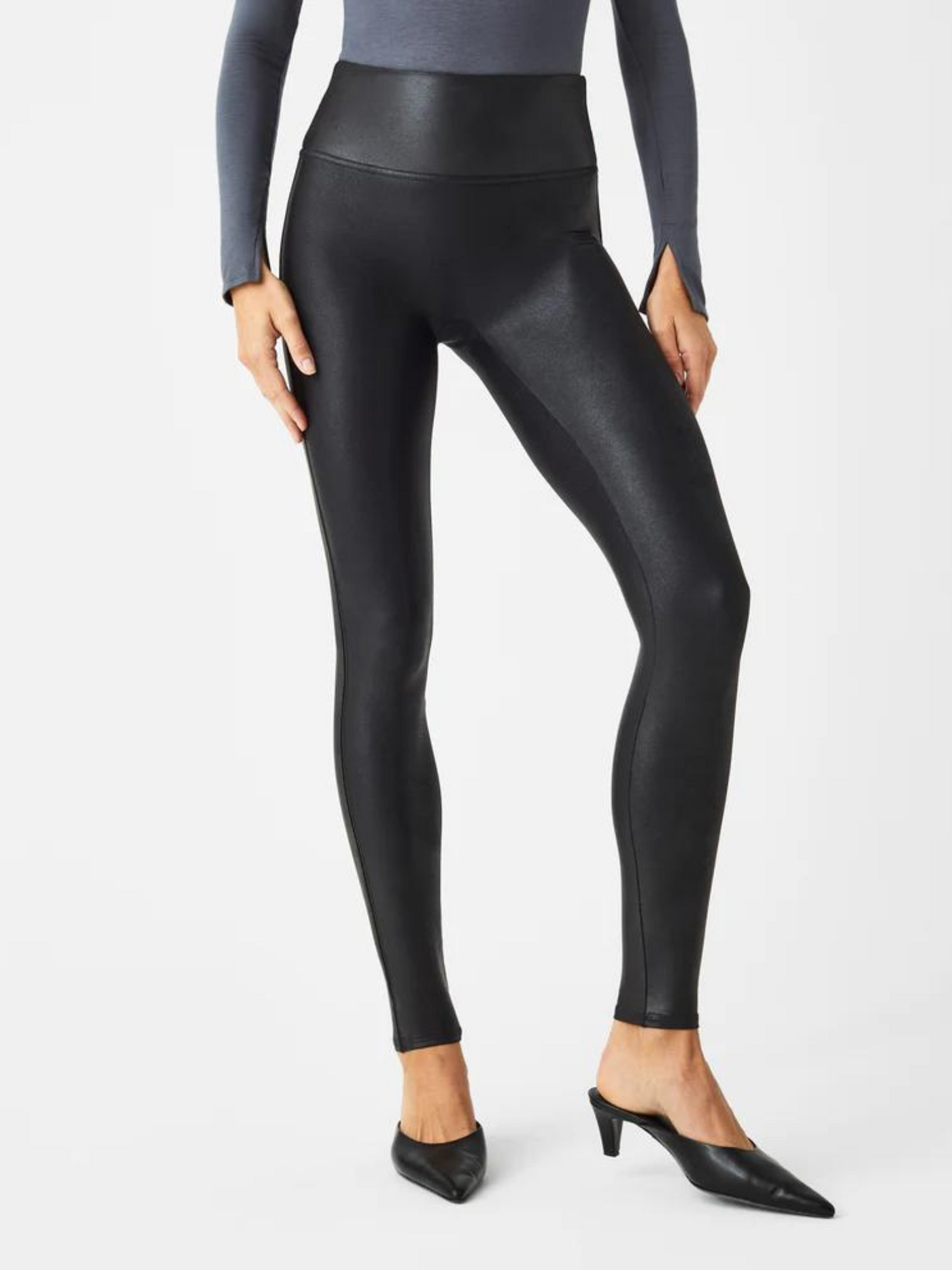 Spanx Black Faux Leather Leggings front view. 