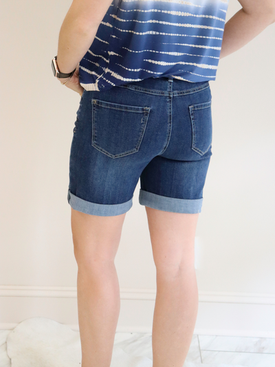 Charlie B Denim Rolled Up Cuff Shorts back view.