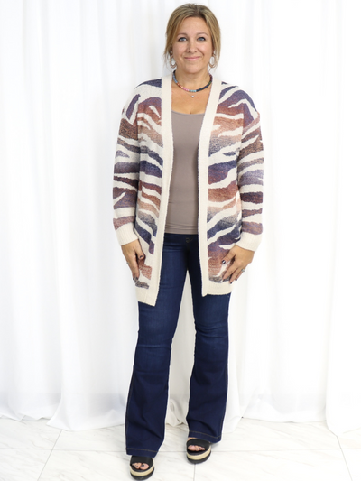 Charlie B Space-Dye Knit Cardigan front view with Spanx Flare jeans.