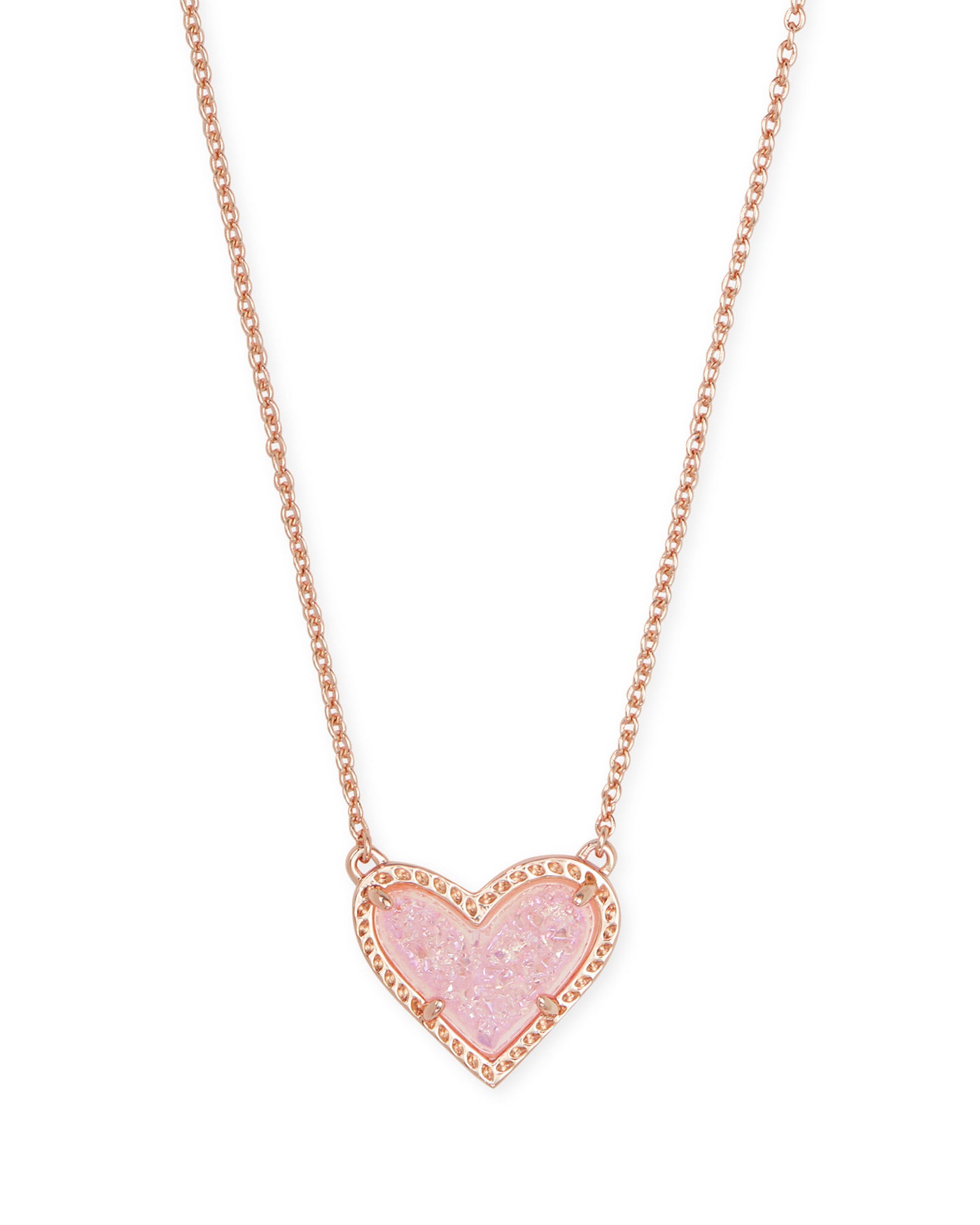 Ari Heart Pendant Necklace Rose Gold Pink Drusy on white background, front view.