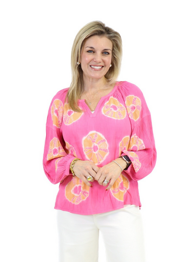 Tie Dye Peasant Top - Pink front view.