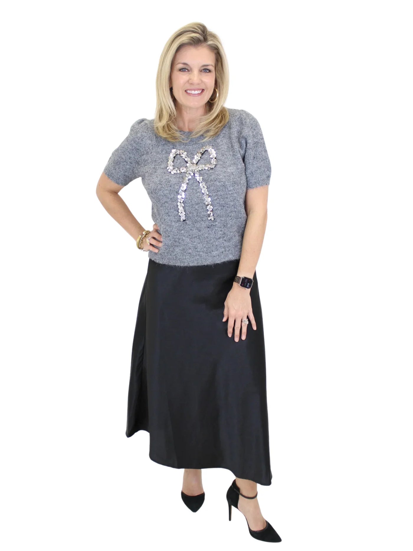 Sequin Bow Short Sleeve Sweater - Grey