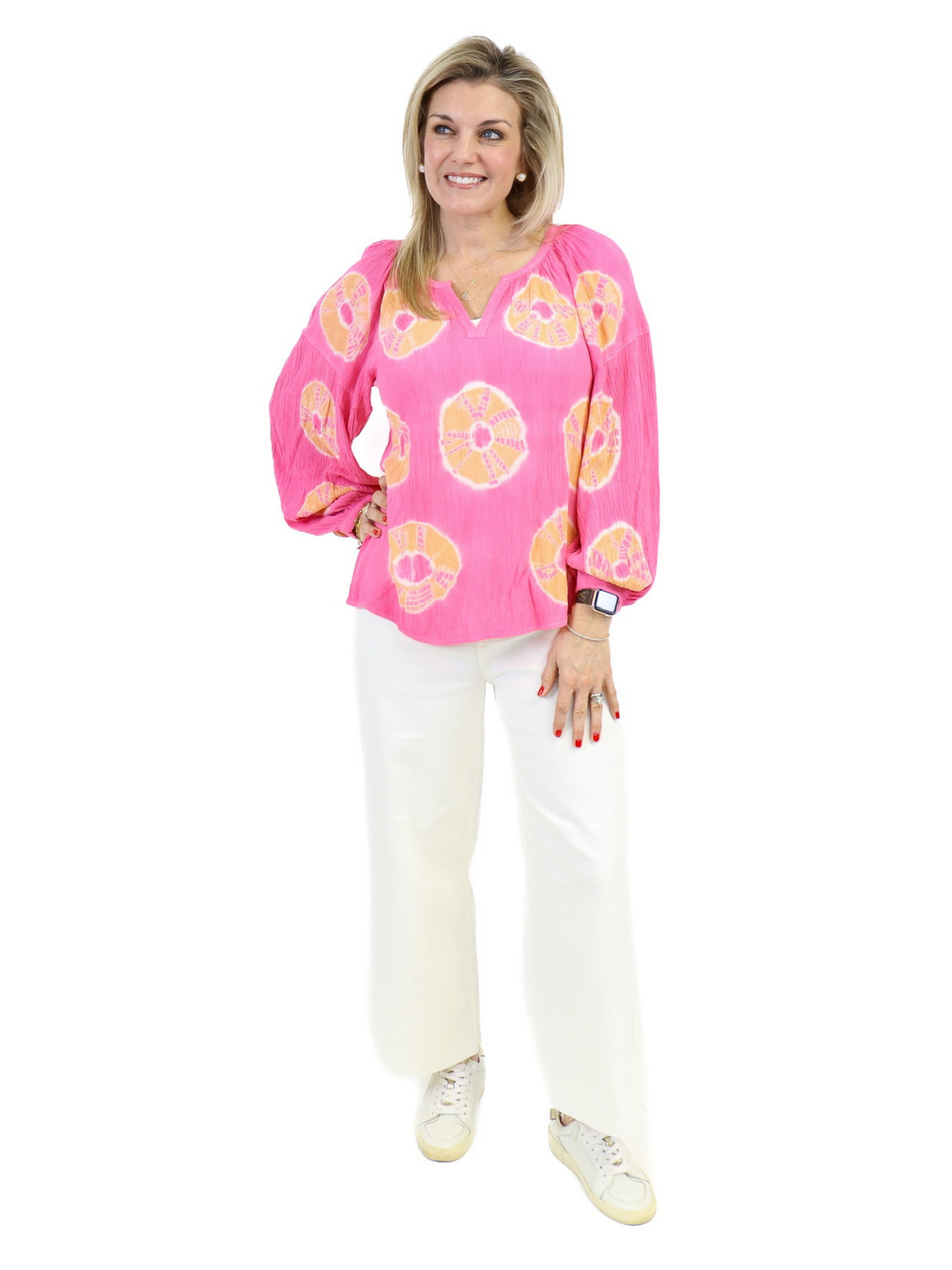 Tie Dye Peasant Top - Pink front view with white jeans.