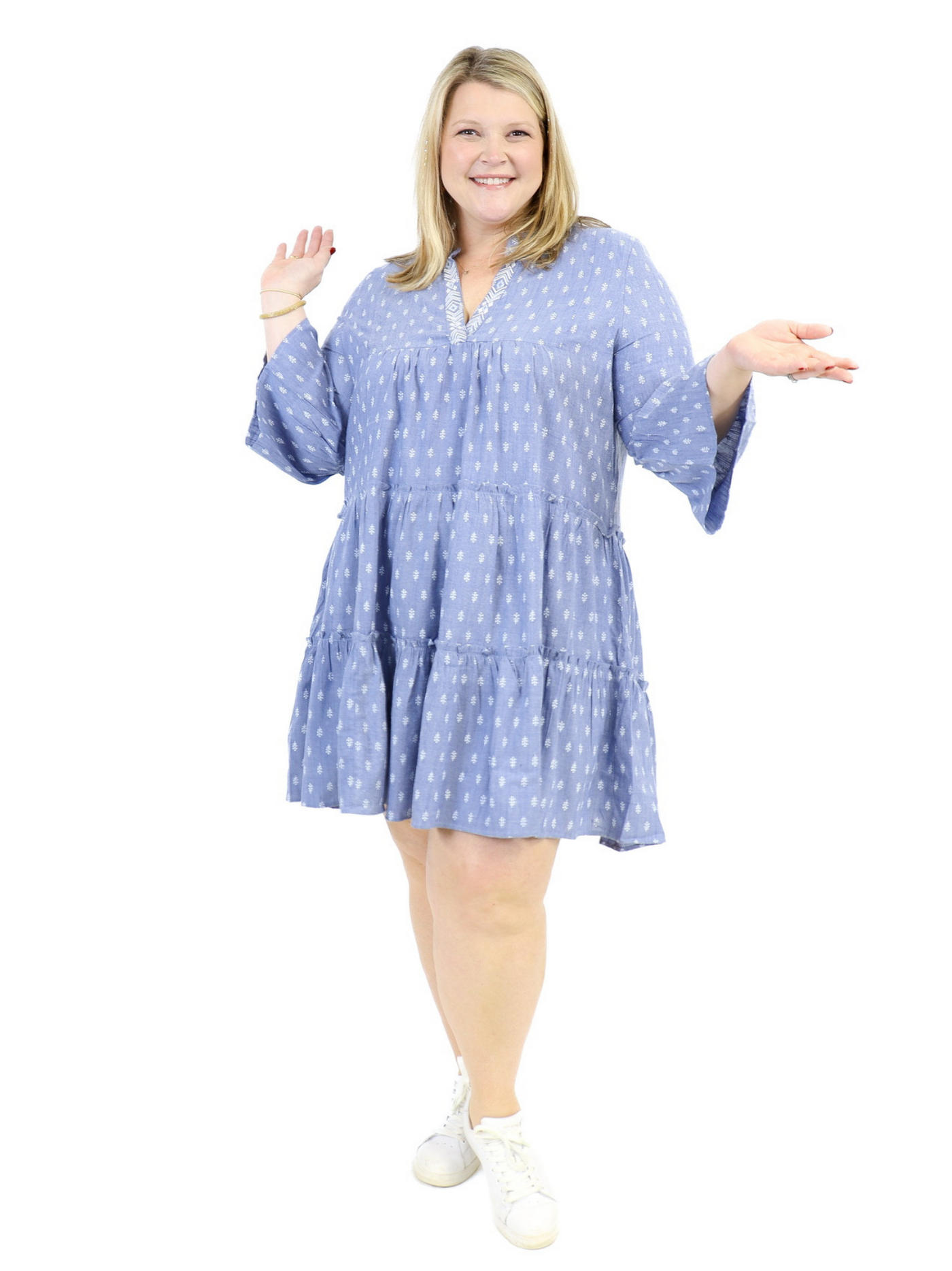 Chambray Peasant Dress - Blue front view size X-Large
