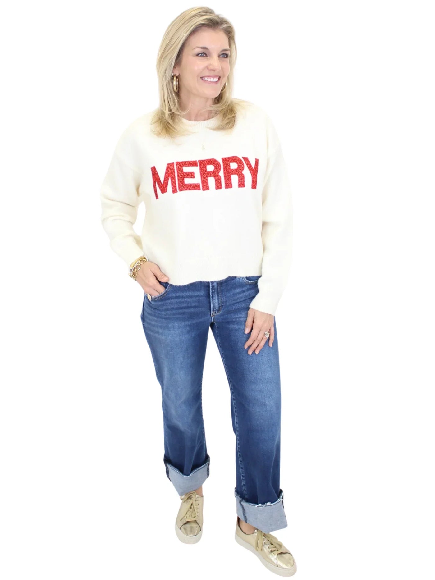 Merry Glitter Sweater - Cream/Red