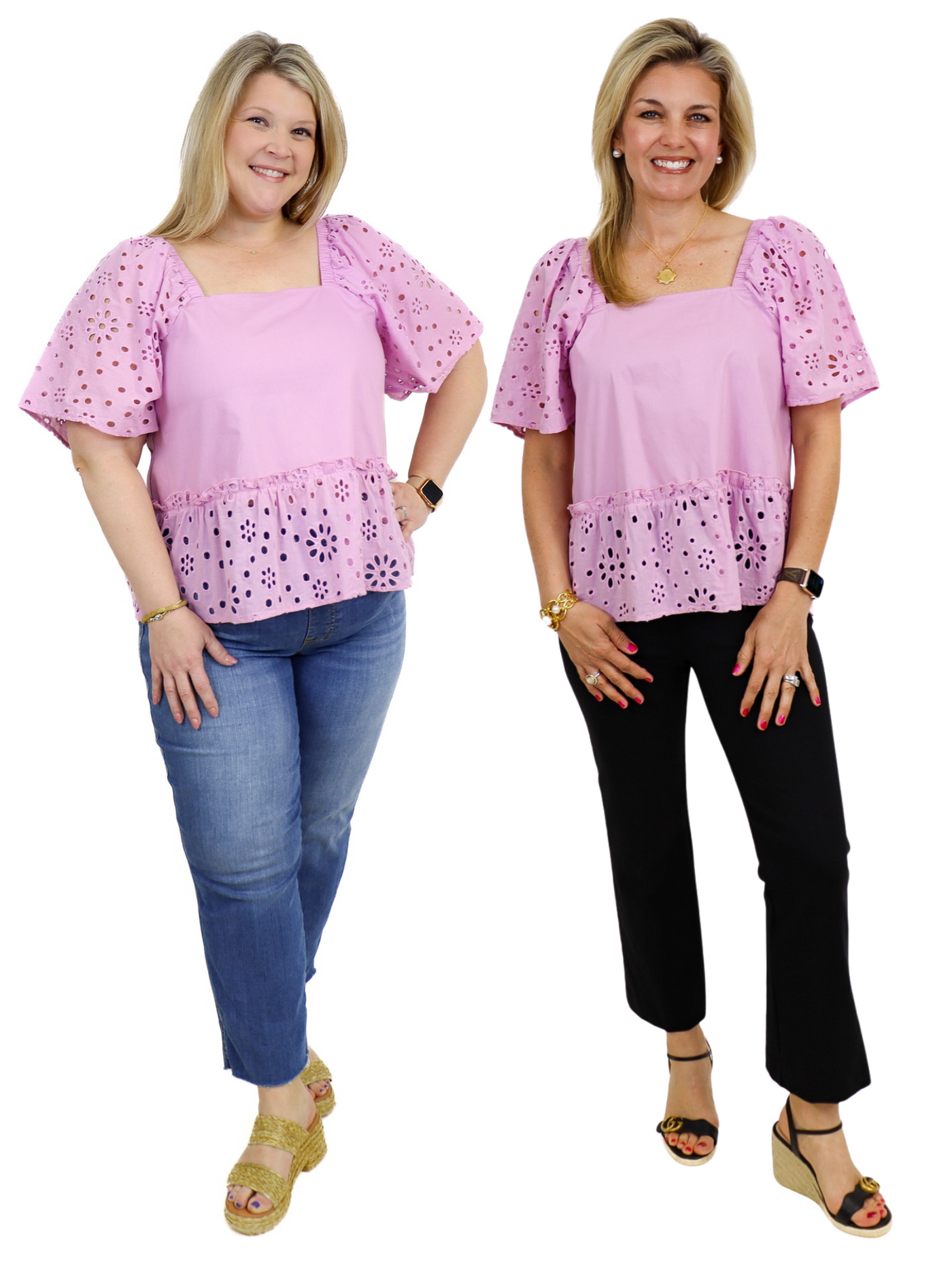 Mud Pie Eyelet Top - Lilac front view of size Large and Small.