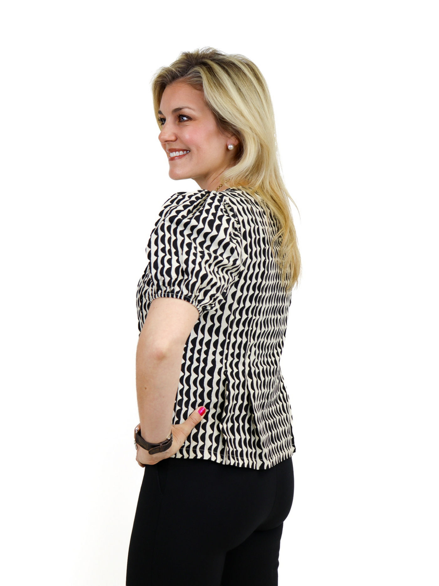 Pleated Short Sleeve Blouse - Black/Ivory side view.