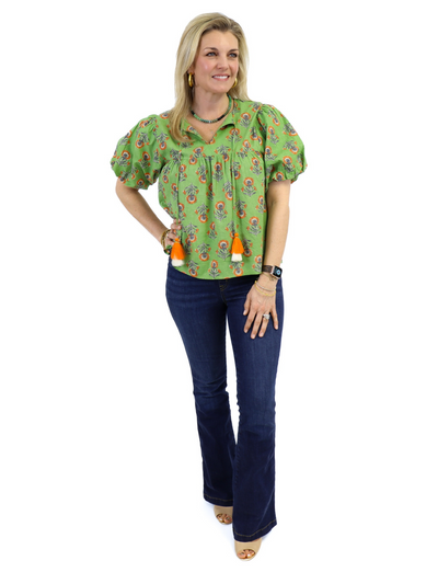 THML Tassel Tie Floral Top - Green/Orange front view with Spanx Jeans