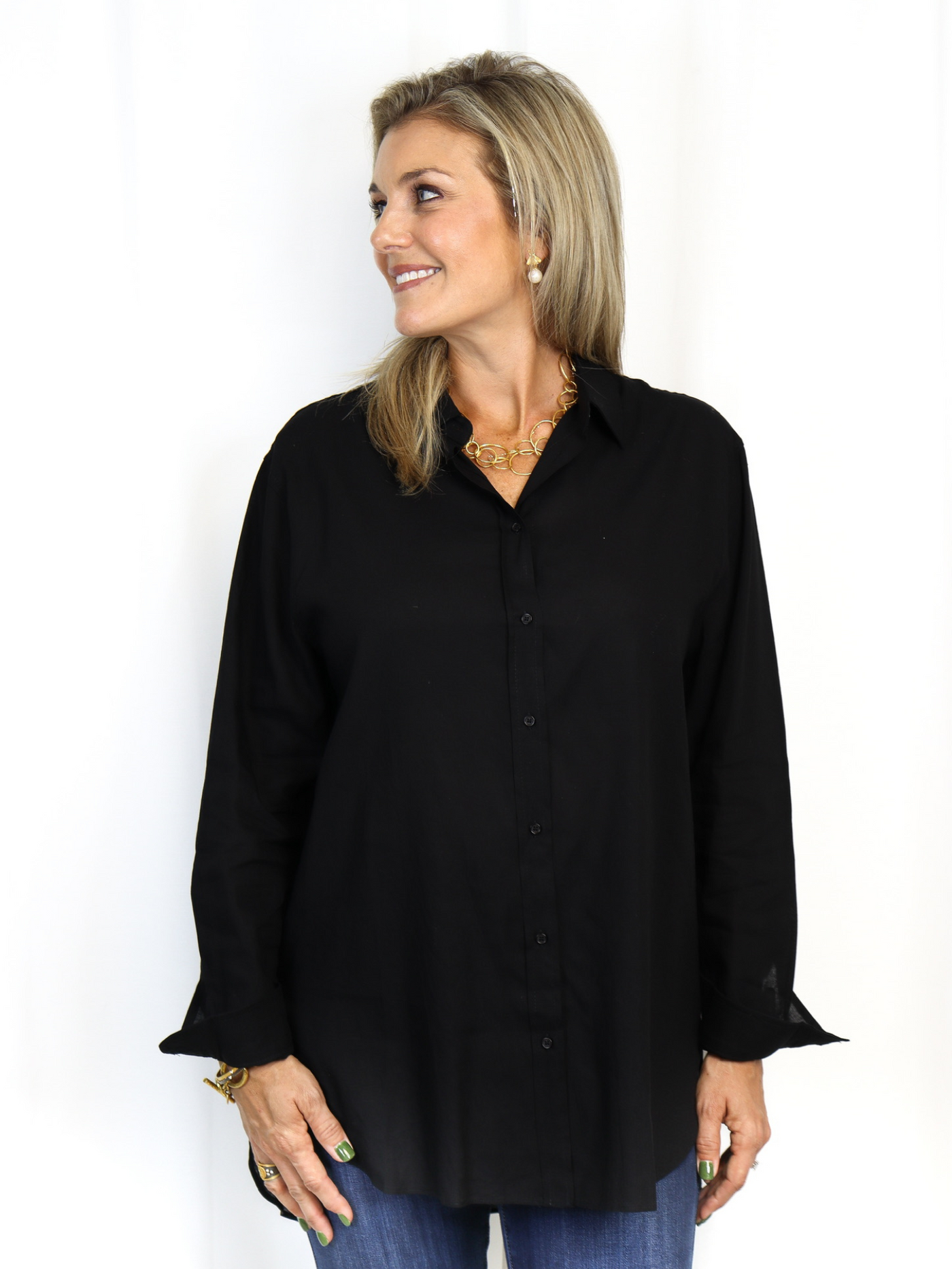 Black Oversized Button Down front view.