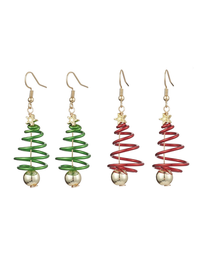 Four pairs of spiral-shaped earrings in green, red, and gold on a white background.