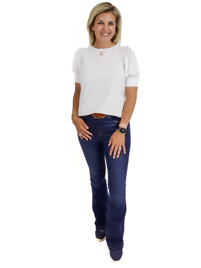 White Puff Sleeve Top paired with Spanx jeans