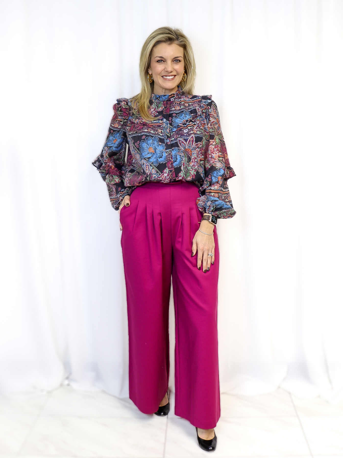 Fate Ruffle Trimmed Mixed Print Blouse - Multi front view with pink dress pants.