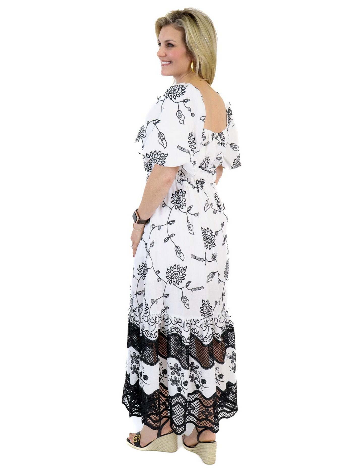 Ciebon Crochet Maxi Dress - Black/White back view.