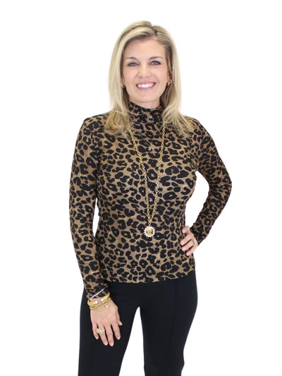 Molly Bracken Leopard Mock Neck Layering Top front view with black pants.