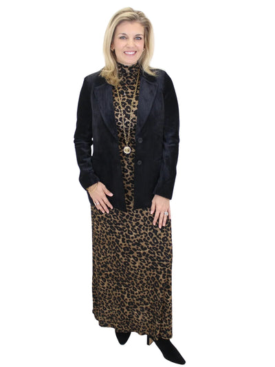 Molly Bracken Leopard Mock Neck Layering Top with matching maxi skirt and black blazer.