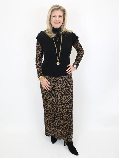 Molly Bracken Leopard Mock Neck Layering Top with matching maxi skirt, and black sweater.