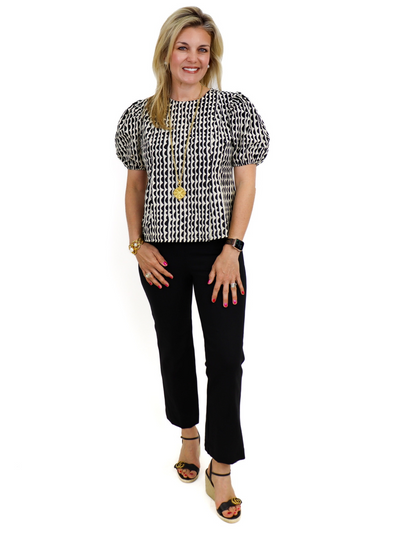 Pleated Short Sleeve Blouse - Black/Ivory front view with black Spanx.