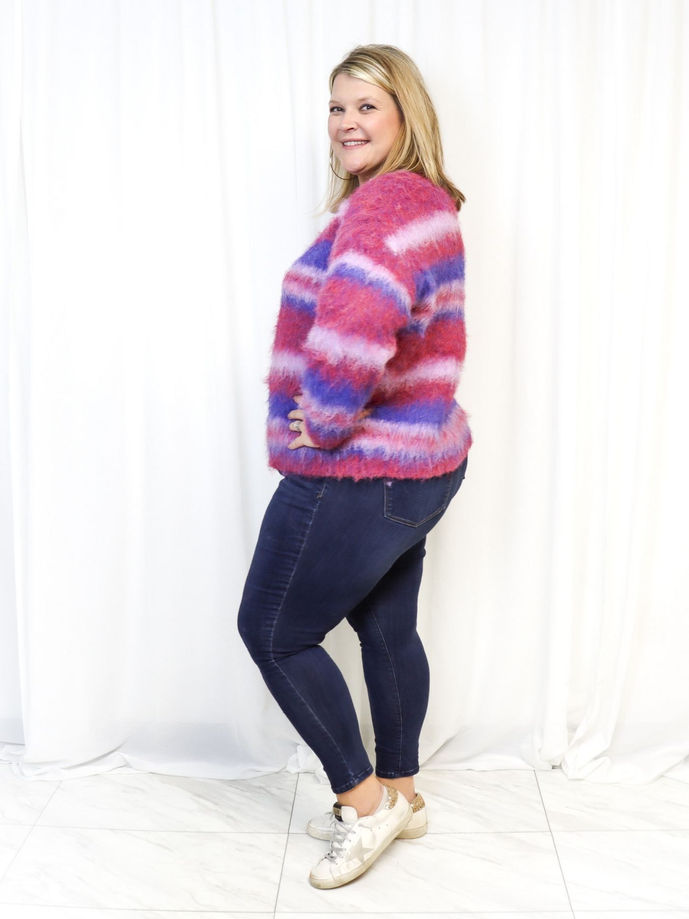 Molly Bracken Mauve Fuzzy Striped Sweater side view.