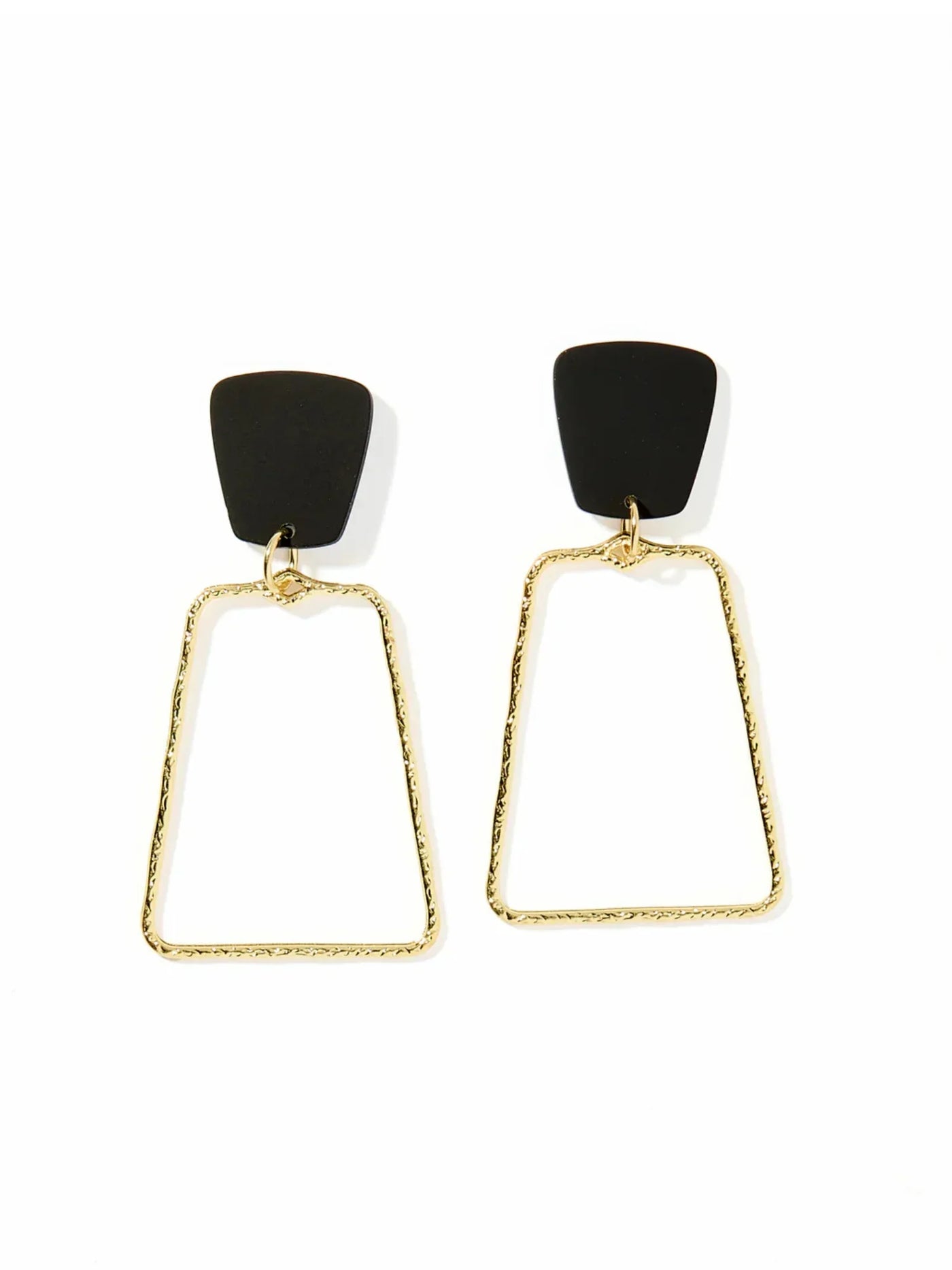 Pair of earrings with black and gold geometric design on a white background