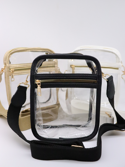 Black, Gold, White and clear stadium bags.