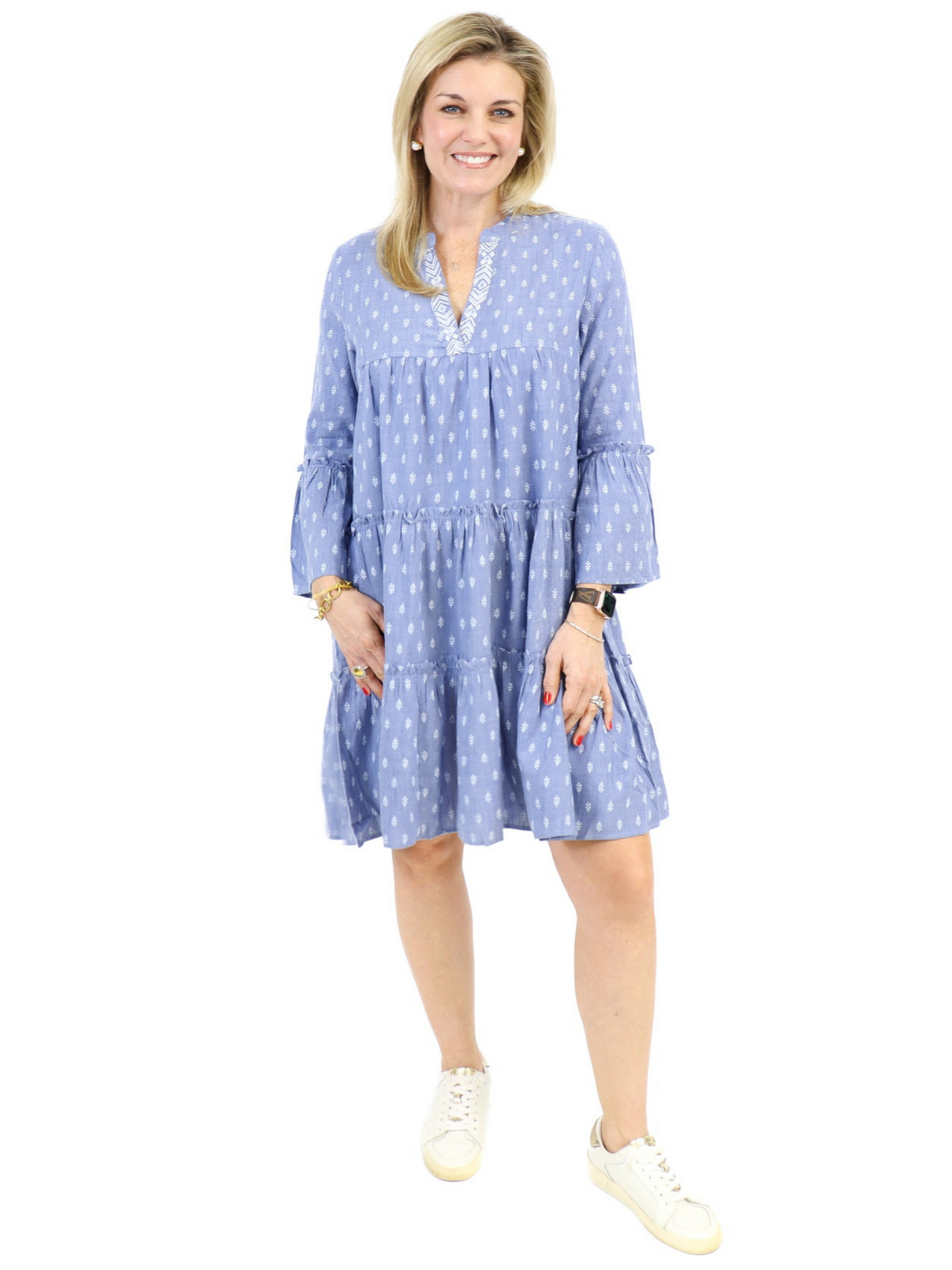 Chambray Peasant Dress - Blue front view size Small.