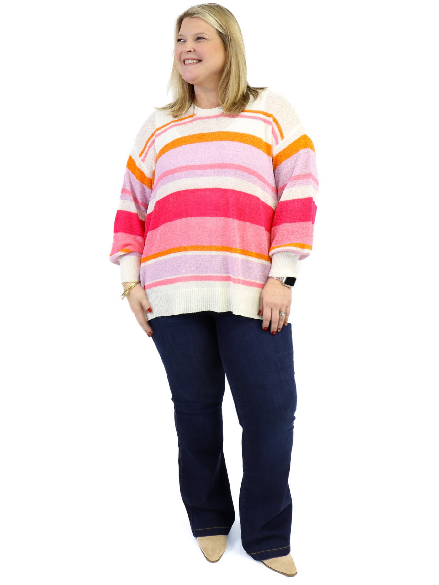 Mud Pie Montana Sweater - Ivory/Pink/Orange with Spanx Jeans size 16