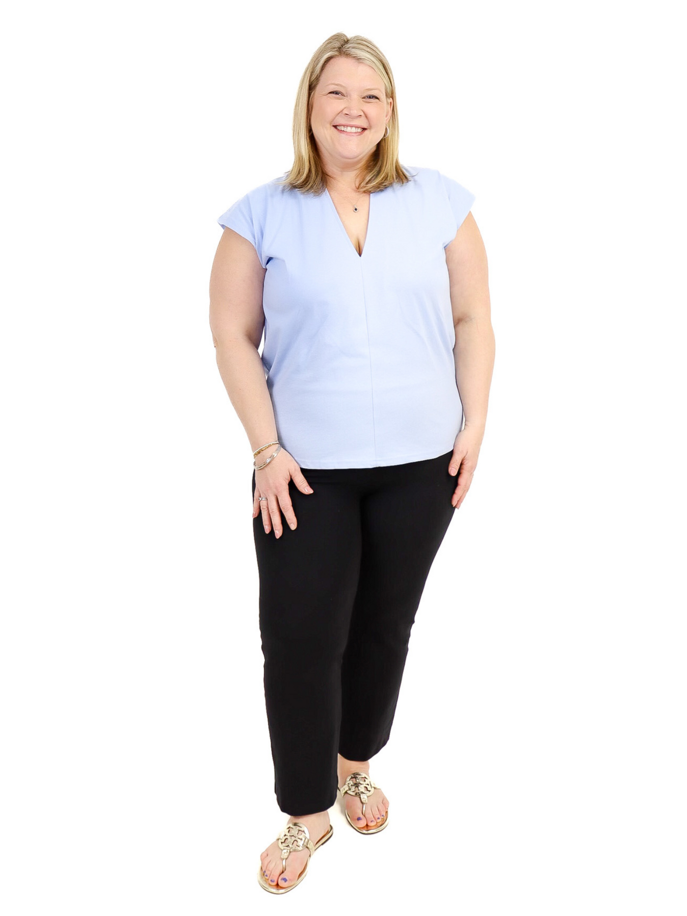 Cap Sleeve V-Neck Top Light Blue front view with Black Spanx.