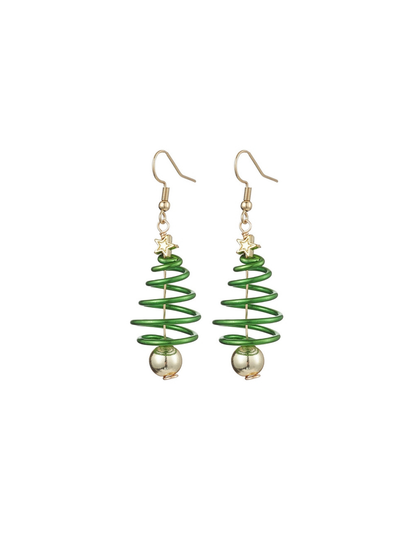 Green spiral earrings with gold accents on a white background