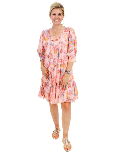 Molly Bracken Floral Dress - Pink front view with Gold Tory Burch Sandals.