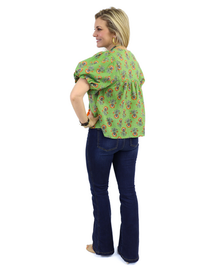 THML Tassel Tie Floral Top - Green/Orange back view with Spanx Jeans