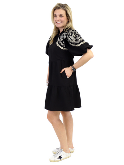 THML Embroidered Puff Sleeve Dress pocket view.