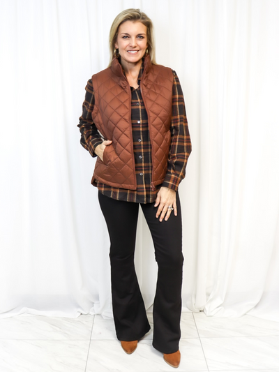 Charlie Paige Classic Quilted Puffer Vest - Brown front view.