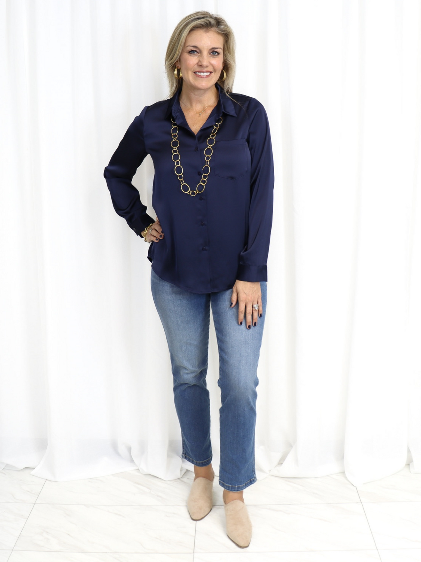 Satin Button Down Top front view with Spanx Straight Leg Jeans.