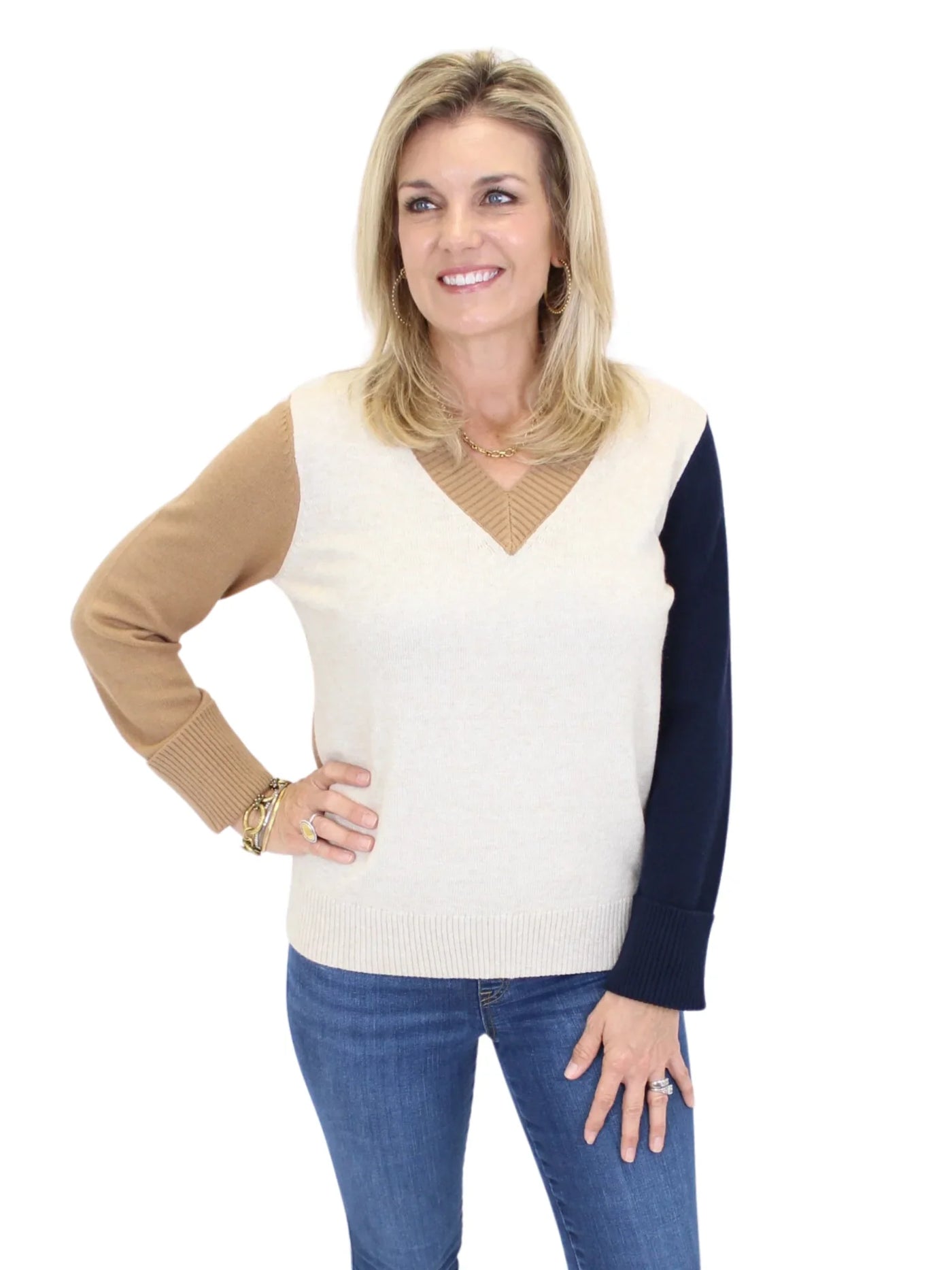 Color block sweater with jeans.