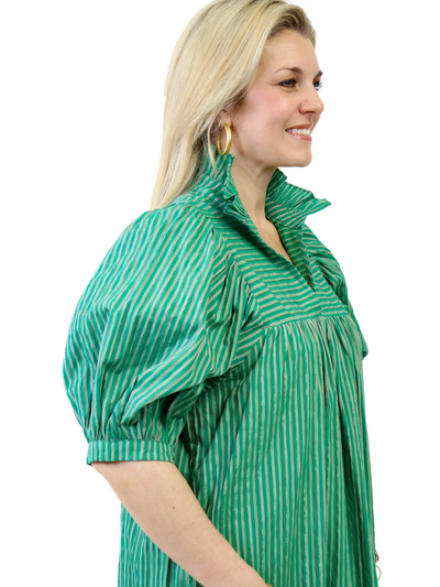 Jade High Neck Ruffle Dress - Green balloon sleeve view.