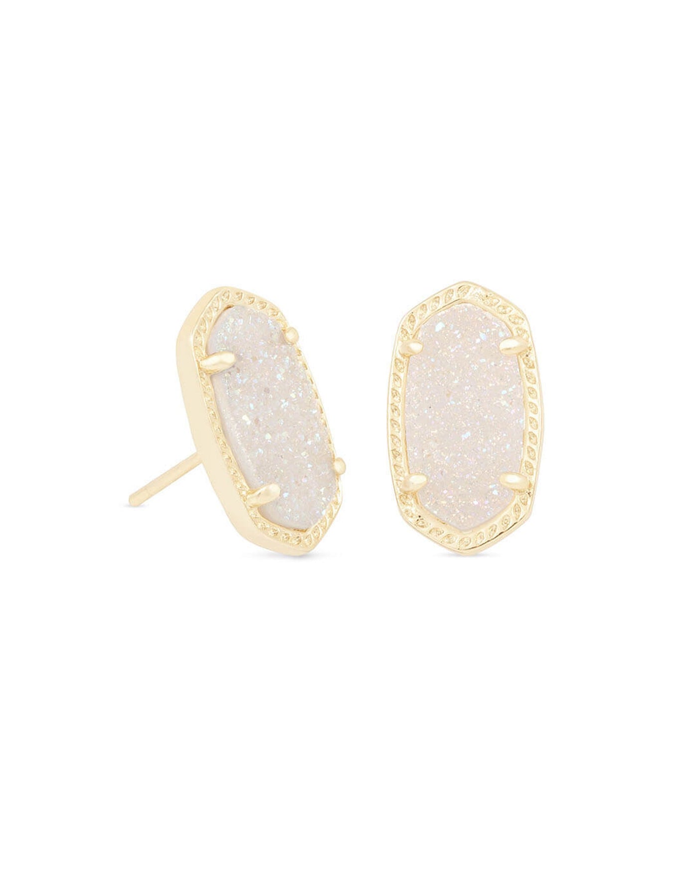 Ellie Stud Earrings Gold Iridescent Drusy on white background, front view.