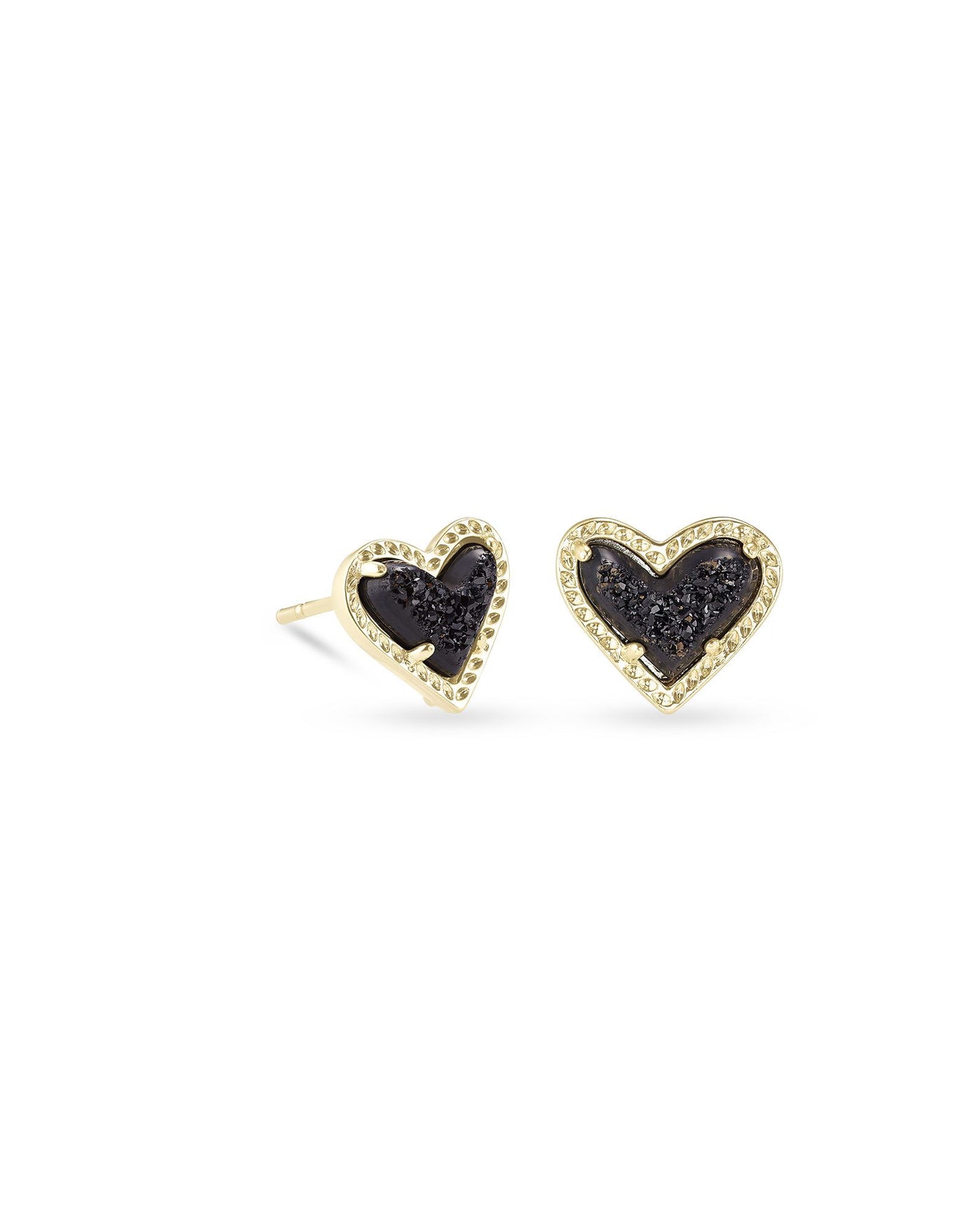 Ari Heart Stud Earrings Gold Black Drusy on white background, front view.