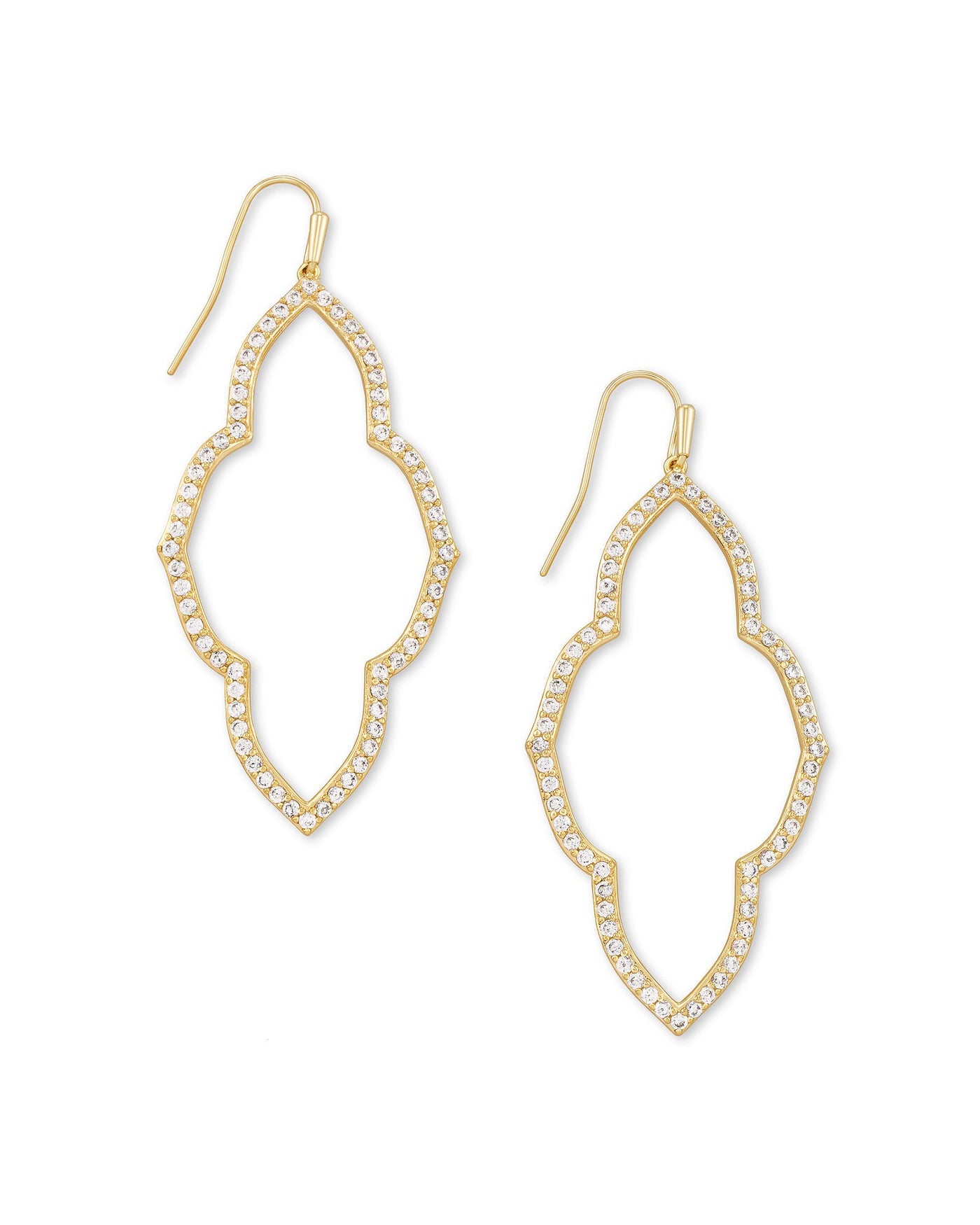 Abbie Open Frame Earrings Gold on white background, front view.