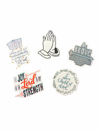 Set of 5 Christian Stickers in deep teal on white background.