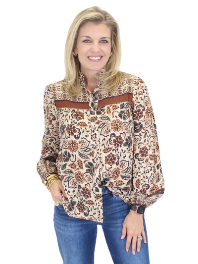 Belle Ruffle Blouse - Cream/Brown