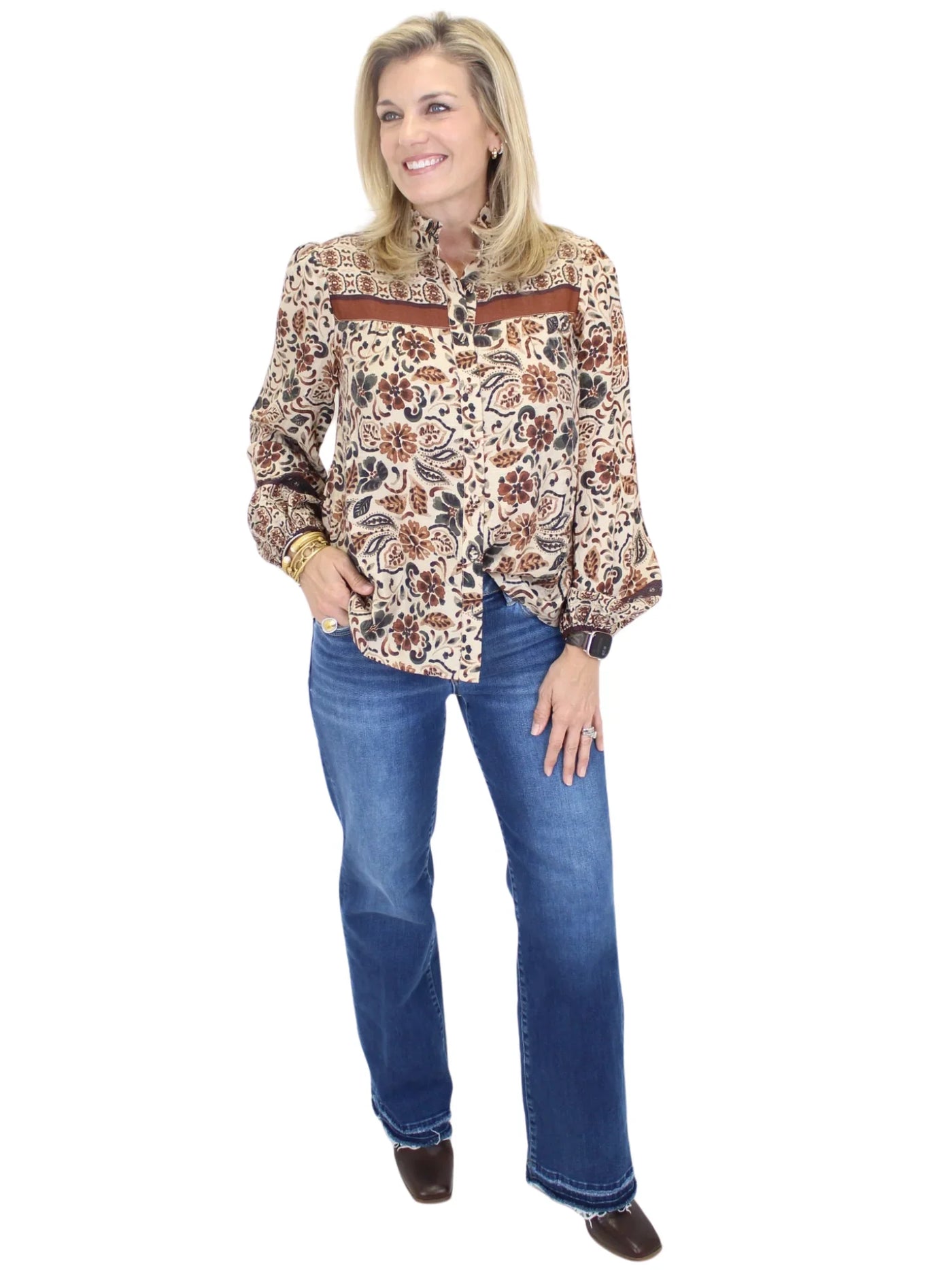 Belle Ruffle Blouse - Cream/Brown