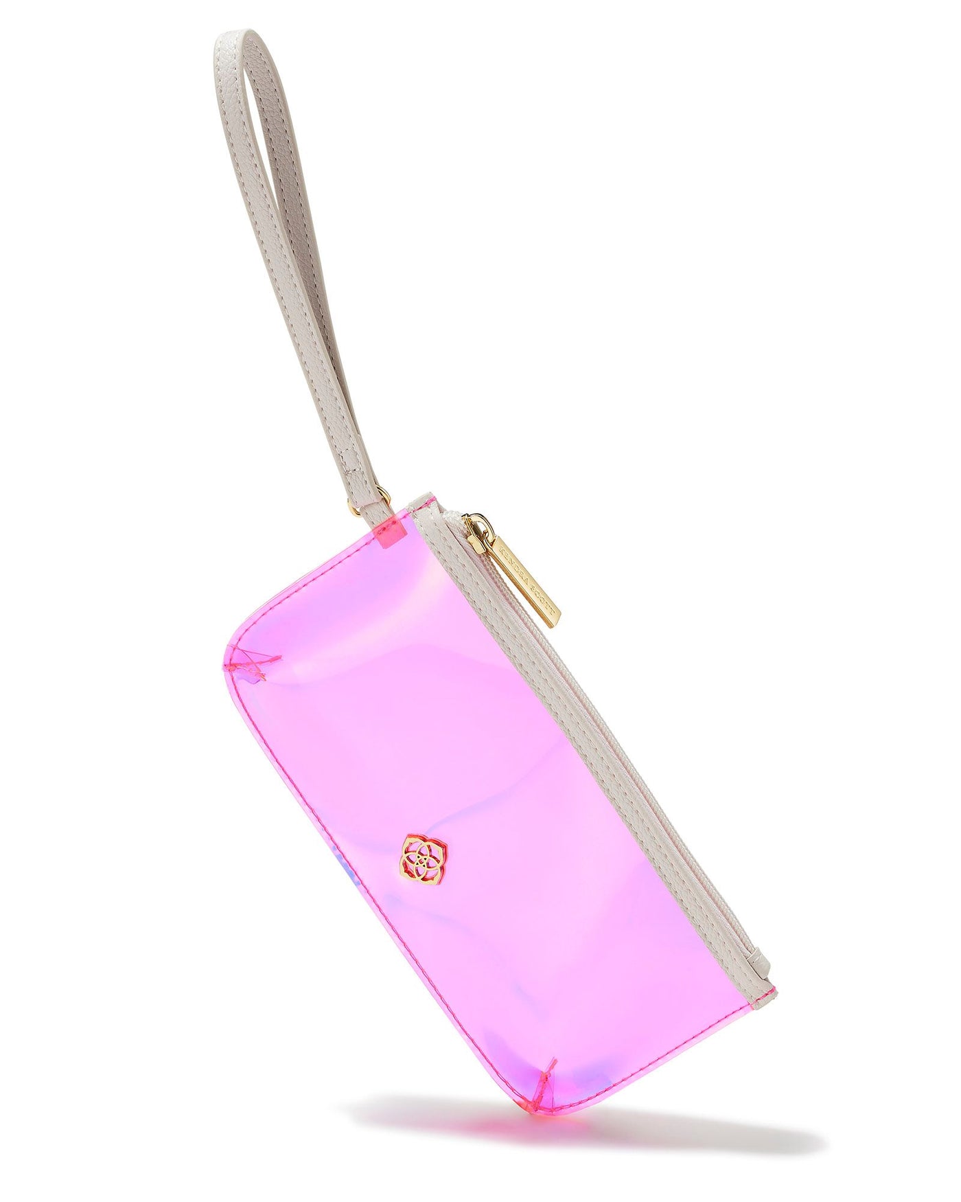 Kendra Scott Clear Pink Iridescent Wristlet on white background.