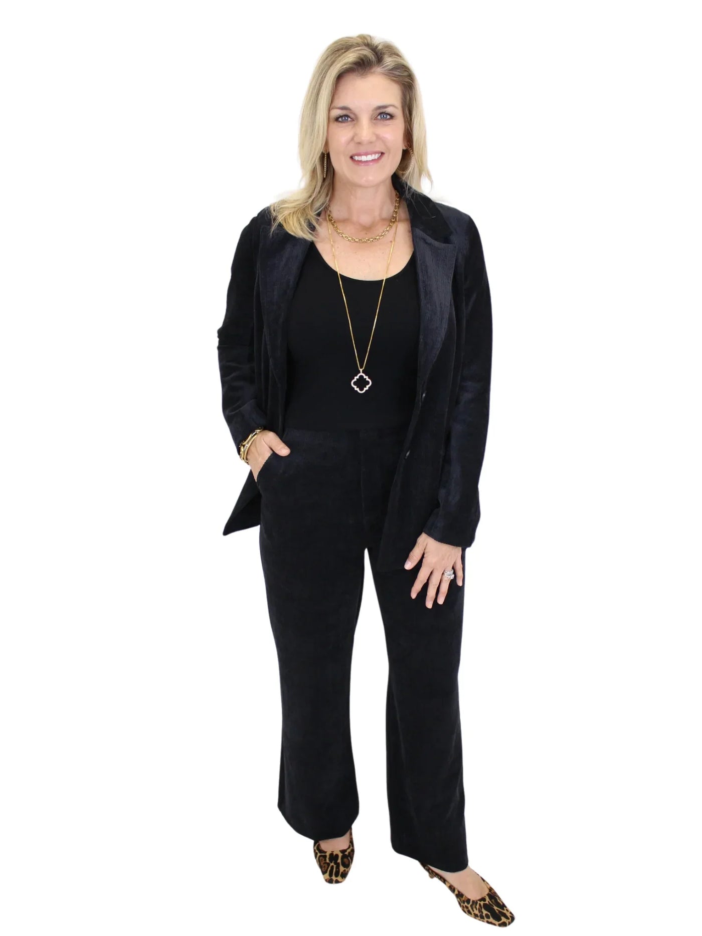 Corduroy Cropped Flare Trousers - Black