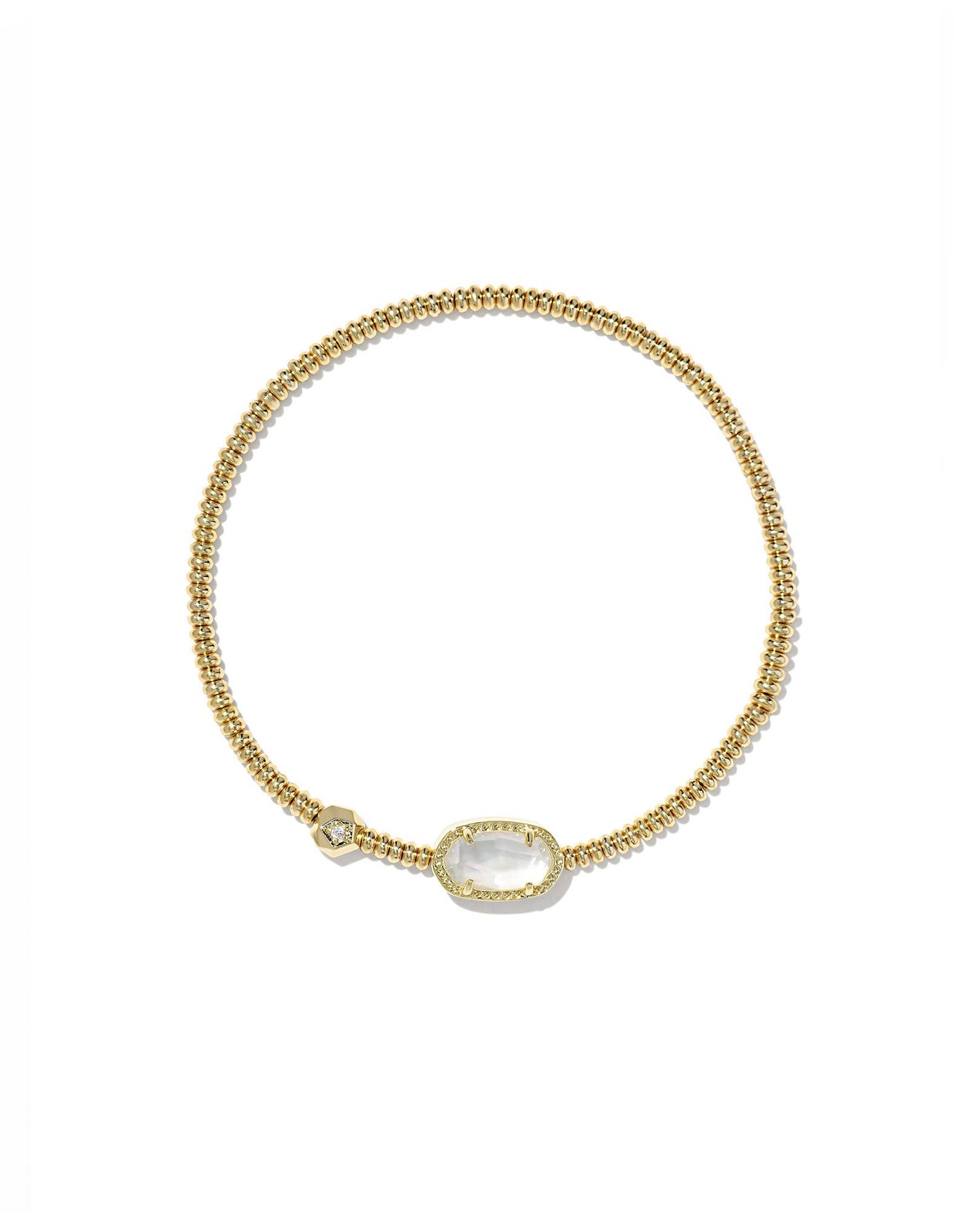 Kendra Scott Grayson Stretch Bracelet in Gold Mother of Pearl on white background closeup.