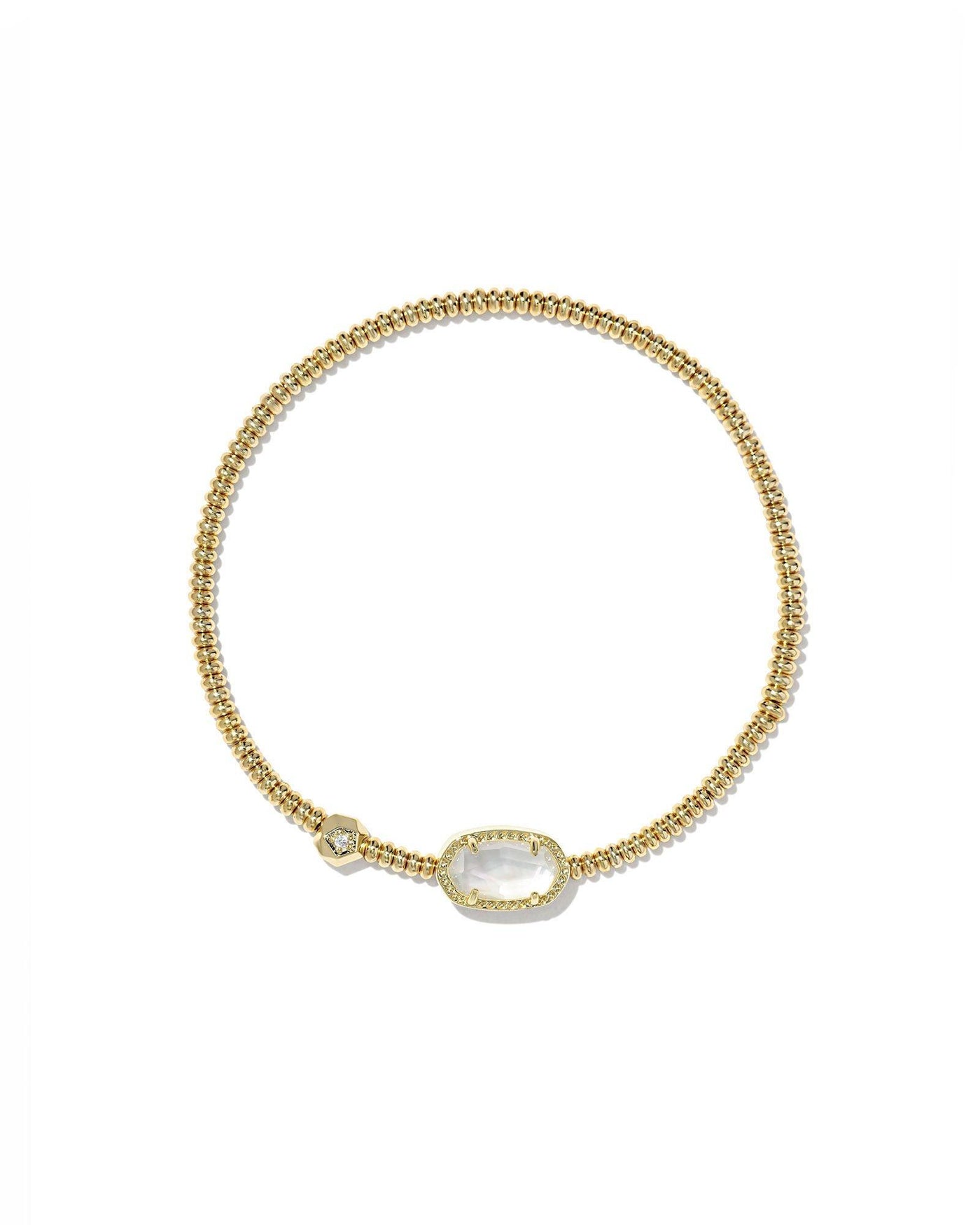 Kendra Scott Grayson Stretch Bracelet in Gold Mother of Pearl on white background closeup.