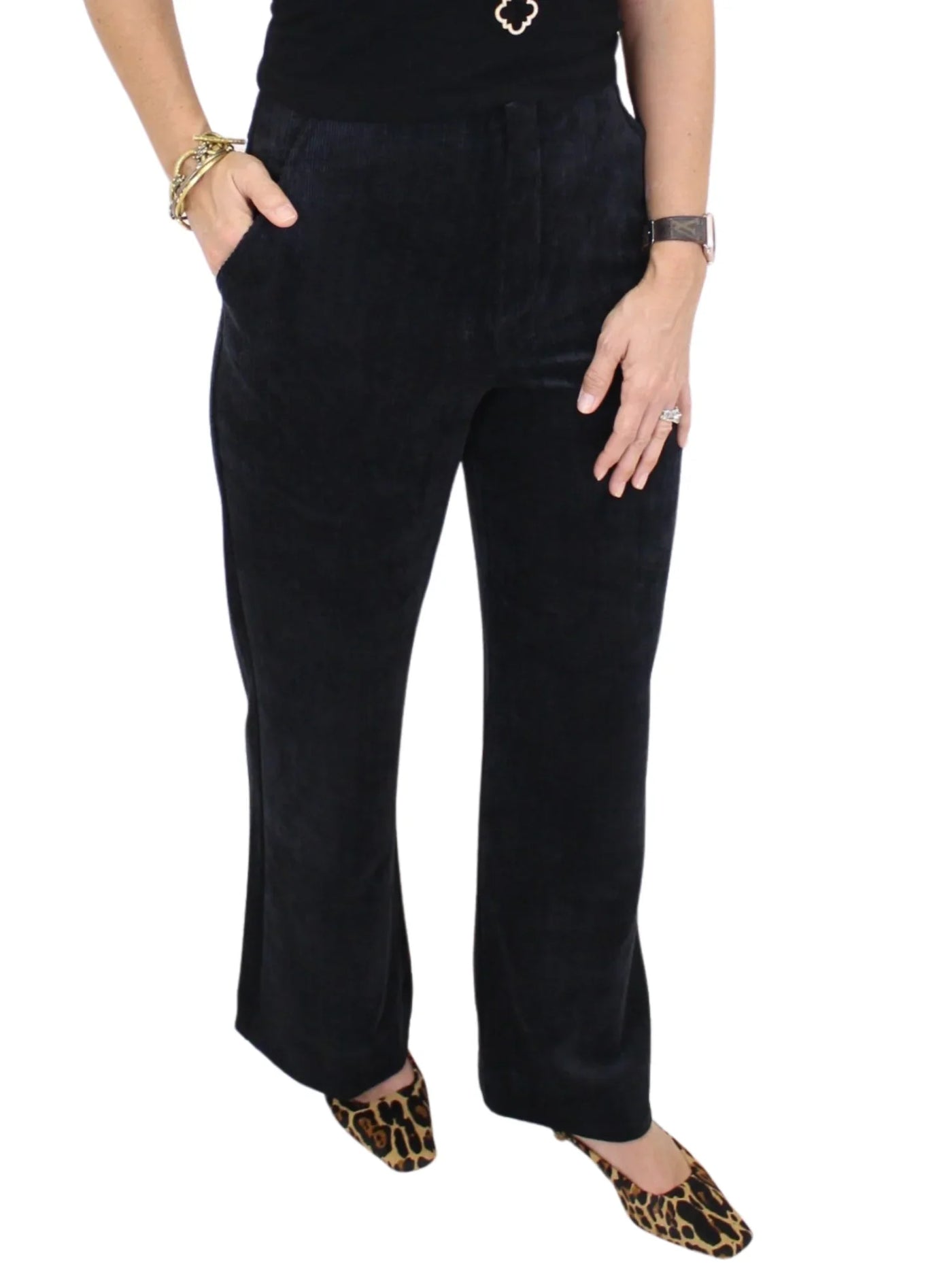Corduroy Cropped Flare Trousers - Black