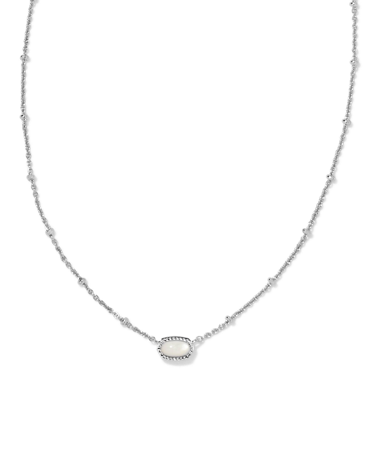 Kendra Scott Mini Elisa Satellite Necklace in Silver Mother of Pearl on white background close up.